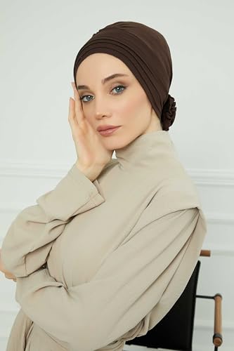 Aisha's Design Instant Turban Head Wraps for Women, Combed Cotton Scarf Lightweight Pre tied Hijab with Back Rose Detail - color: Brown
