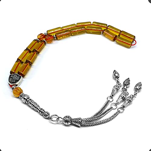 Honey Color Column Glass Prayer Beads, Worry Beads, Tesbih, Tasbih, Tasbeeh, Misbaha, Masbaha, Sebha, Rosary (15 x 6mm 17 beads) - color: Honey Color Glass Prayer Beads -15 x 6mm 17 beads