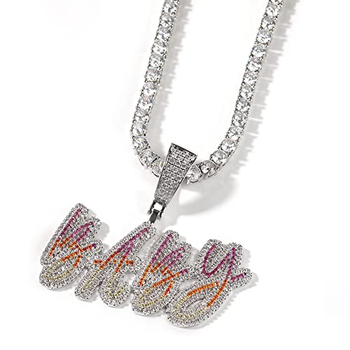 Lulu Mel Iced Out Personalized Cursive Name Necklace For Trendy Women, Custom Handmade Nameplate Pendant With Cuban Link Chain, White Gold Plated Hip Hop CZ Diamond Jewelry Gifts - color: Silver&Colorful