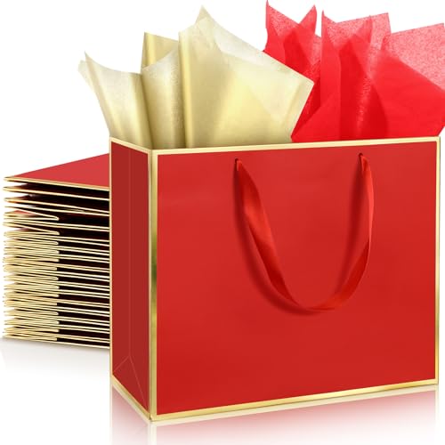 ReliThick 12 Pack Paper Gift Bag with Handles & Tissue, Red, Gold - color: Red, Gold