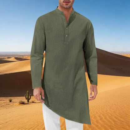 Mens Kaftan Robe Thobe Cotton Long Sleeve Henley Shirt Casual Muslim Gown Kurta Tops - color: Army Green, size: Large