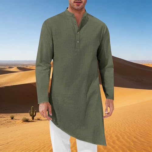 Mens Kaftan Robe Thobe Cotton Long Sleeve Henley Shirt Casual Muslim Gown Kurta Tops - color: Army Green, size: Medium