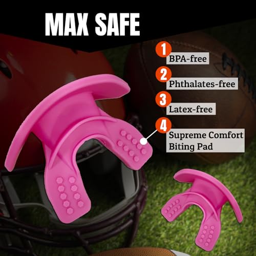 O Shield Core Football Mouth Guard, Detachable Strap | No boil, BPA-free silicone and TPE, brace friendly, ventilated case included, football 7v7 and flag - color: Pink