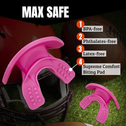 O Shield Core Football Mouth Guard, Detachable Strap | No boil, BPA-free silicone and TPE, brace friendly, ventilated case included, football 7v7 and flag - color: Pink