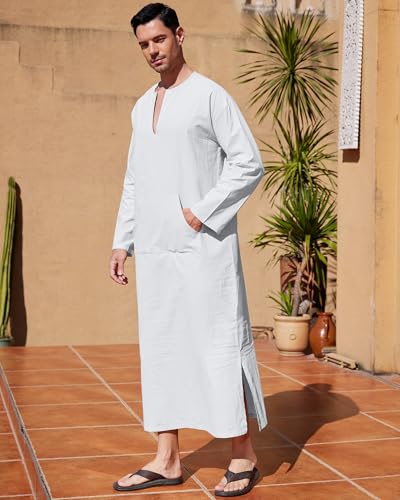 YAOHUOLE Men's Kaftan Thobe Long Sleeve Men Thobe Robe Side Split Men Thobe with Pockets Casual Thobe - color: White-long Sleeve, size: X-Large