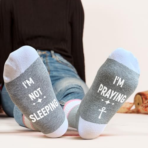 I'm Not Sleeping - Christian Faith Cross Socks Crew Socks, Religious Socks for Adults Teens Prayer, Pastor Gifts - color: White and Gray