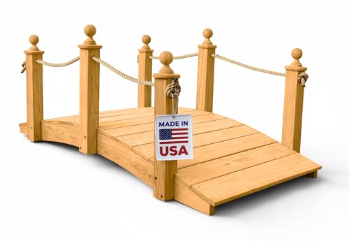 6 FT Oak Amish Rope Rail Garden Bridge, Pinewood - size: 6 FT Bridge & Rope