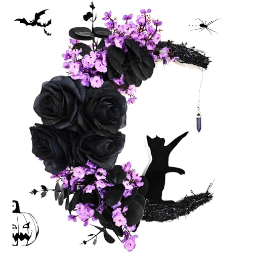 Black Rose Halloween Wreath with Lights, Crescent Moon Cat Wreath - color: Black Rose