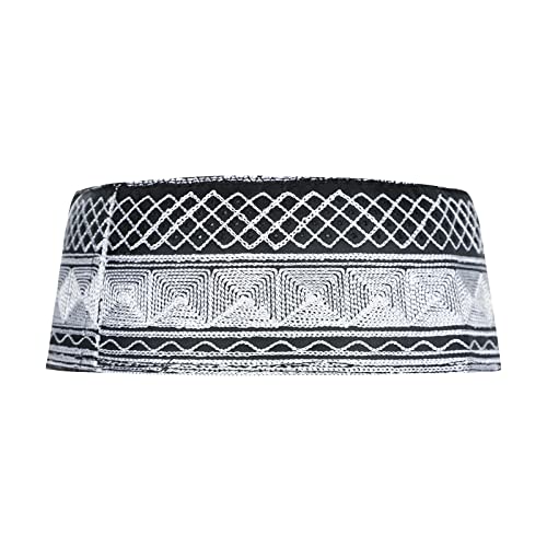 Mens Muslim Hat Islamic Prayer Cap, Muslim Eid Prayer Embroidered Kufi Fat Ramadan Mosque Arab Indian Prayer Cap - color: Black-white