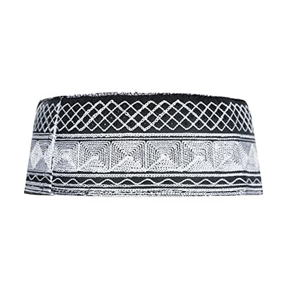 Mens Muslim Hat Islamic Prayer Cap, Muslim Eid Prayer Embroidered Kufi Fat Ramadan Mosque Arab Indian Prayer Cap - color: Black-white