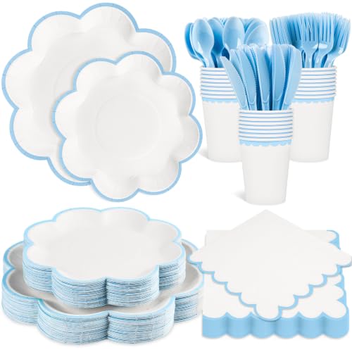 350 Pcs Blue and White Paper Plates and Napkins Set, Tableware for 50 Guest - color: White with Light Blue Edge