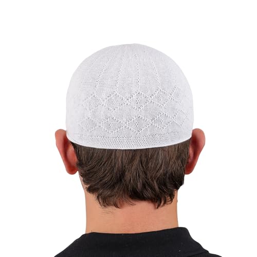 Muslim Kufi Hats for Men, Velvet Crochet Islamic Prayer Cap, Stretchable, Breathable Knit Skull Beanie,Standard Size - color: Rumi - White