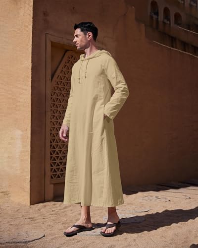 YAOHUOLE Long Sleeve Kaftan Thobe Button down Men Thobe with Pocket Big and Tall Kaftan Muslim Men Thobe - color: Khaki, size: XX-Large