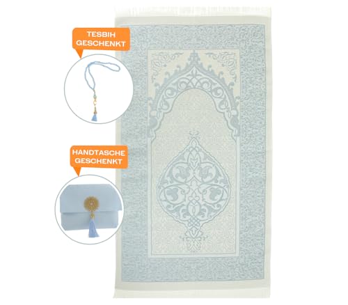 Prien Muslim Prayer Rug with Tasbih and Portable Bag, Muslim Gift for Women Men, Mubarak Islamic Box, Soft Mat Islam Gifts Set, Turkish Sajadah for Ramadan, Eid, Hajj, Travel, Pray (Blue) - color: Blue