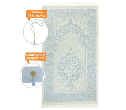 Prien Muslim Prayer Rug with Tasbih and Portable Bag, Muslim Gift for Women Men, Mubarak Islamic Box, Soft Mat Islam Gifts Set, Turkish Sajadah for Ramadan, Eid, Hajj, Travel, Pray (Blue) - color: Blue