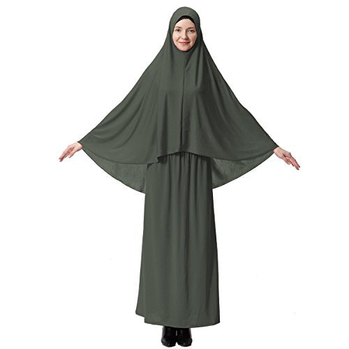 XINFU Muslim Islamic Women's khimar 2pcs Sets Soft Distinctive Prayer Dress Hijab Abaya Suit(10 Colors Available) - color: Army Green, size: Medium