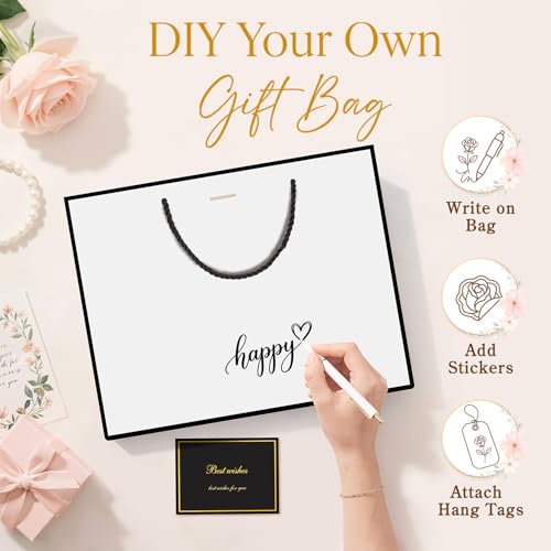 ANZNKU 2PCS White Gift Bags Medium, Gift Bags with Handles 4 Tissue Paper 2 Ribbons 2 Cards for Women & Men Birthday Graduation Wedding Engagement Bridal Baby Shower Presents Party Favors Wrapping - color: Classic White