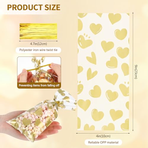 COQOFA 100 Pcs Gold Heart Cello Cellophane Treat Bags - Clear Candy Cookie Bags with Twist Ties for Baby Shower, Valentine, Wedding, Birthday - color: Gold Heart, size: 4x9 in