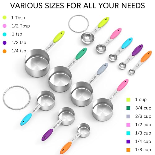 Nesting Measuring Cups and Spoons Set, Stainless Steel with Soft Silicone Handle – Heavy Duty & Dishwasher Safe for Measuring Dry/Liquid Ingredients, Ideal for Cooking & Baking (12)