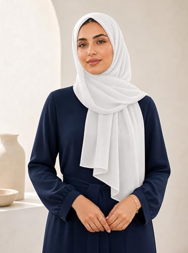 Women’s Chiffon Hijab Scarf - Heavyweight Solid Color Shawl & Wrap, Soft Breathable Headwrap for All Seasons - color: Mcgjxfs2604-white