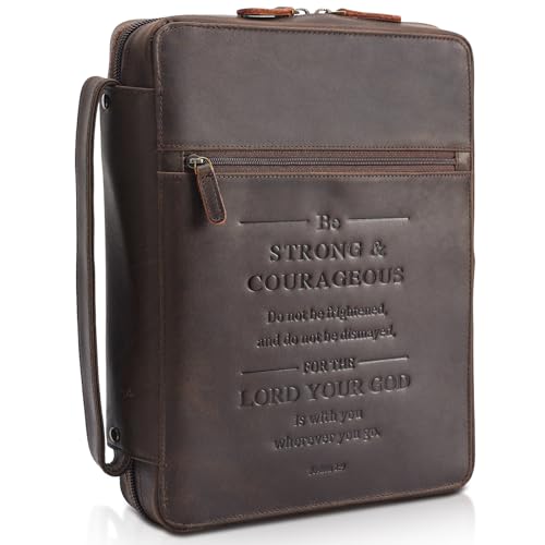Polare Full Grain Leather Bible Cover Church Bag Bible Protective Book Holder Carrying Case Folder Organizer Portfolio - style: Dark Brown(Strong & Courageous)