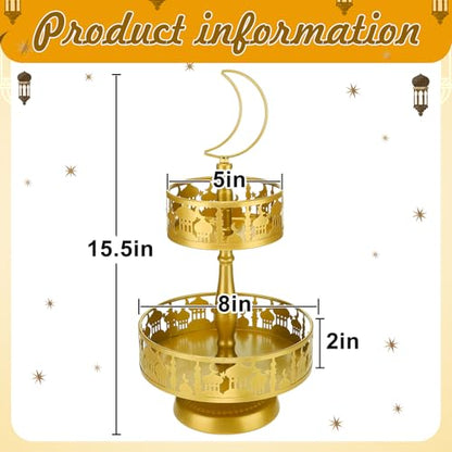 Ramadan Serving Trays - 2 Tiered Metal Platters Eid Mubarak Islam Muslim Al-Fitr Iftar Party Food Serving Tray Ramadan Decoration for Home Breakfast Dinner Table Decor (Gold Castle)