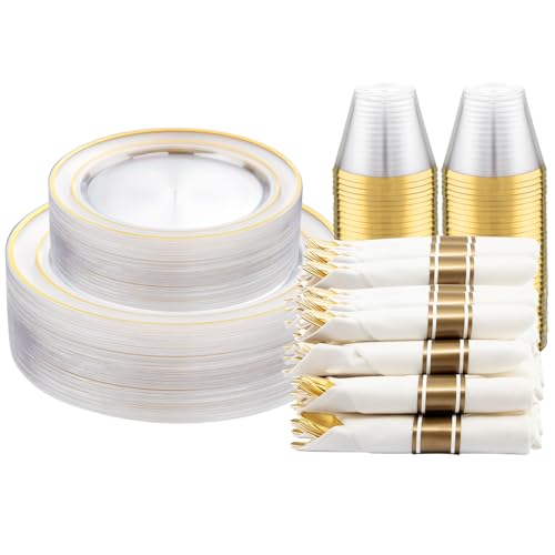 DaYammi 210PCS Clear Gold Plastic Dinnerware Set for 30 Guests - color: A Clear Gold, size: 210PCS（30 Guests）