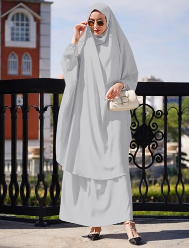 Abayas for Women Muslim Chiffon Prayer Burqa Dress Burkas for Women Muslim Hijab Dress Full Length Islamic Veil Abaya Set - color: Light Gray
