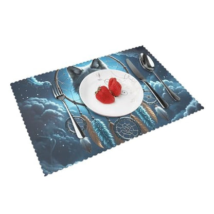 Placemats Set of 4 Heat Resistant 3D Wolf Dream Catcher Place mat for Dining Table Non-Slip Table Mats Desktop Protection Pad Washable Place Mats for Kitchen Dining Outdoor - color: 3d Wolf Dream Catcher