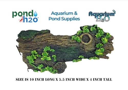 Large Hollow Log with Plants Aquarium Pond Ornament Artificial Resin Tree Bark Hide or Cave for Fish Tank, 10 Inches Long Reptiles or Turtle Tank Ornament Safe for Aquatic Habitats, Brown