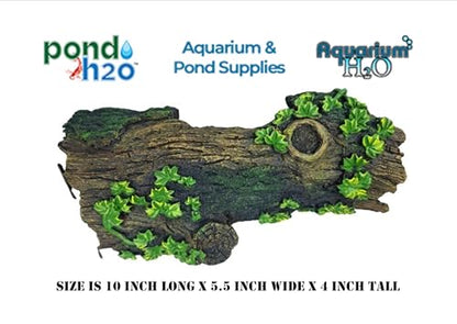 Large Hollow Log with Plants Aquarium Pond Ornament Artificial Resin Tree Bark Hide or Cave for Fish Tank, 10 Inches Long Reptiles or Turtle Tank Ornament Safe for Aquatic Habitats, Brown