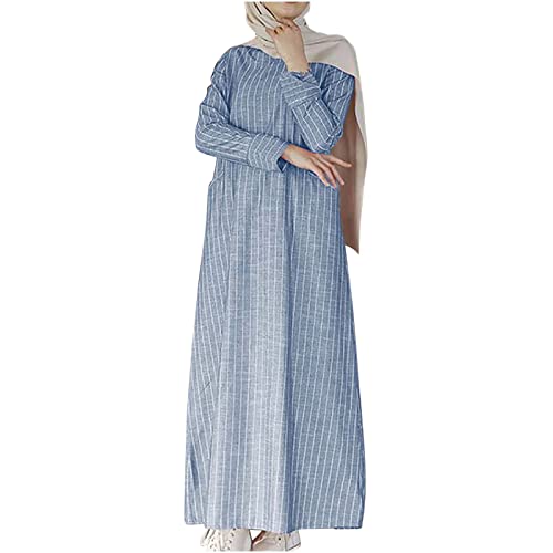 Lmdudan Muslim Dresses - Ladies Robe Dress Islamic Abaya - Cotton Linen Dress - Stripe Conservative Prayer Clothes - color: 1*blue, size: X-Large