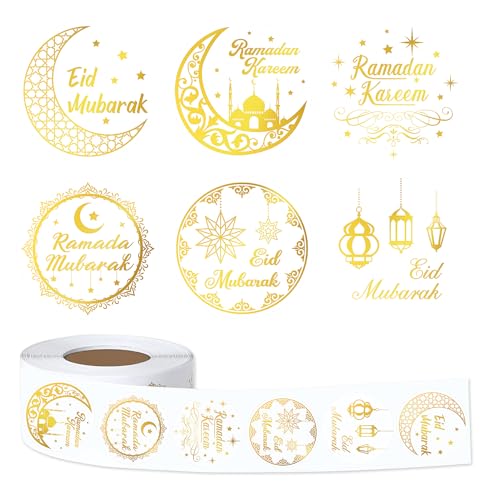 FEBSNOW 600Pcs Ramadan Stickers, Self AdhesivGold Foil Eid Mubarak Stickers - style: Ramadan