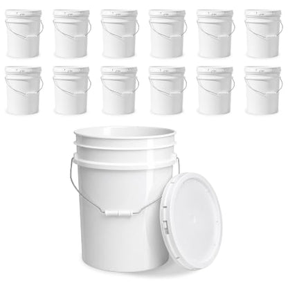 5 Gallon Bucket - Food Grade w/Lid BPA-Free,12 Pack- White | Airtight Gasketed Tear Strip Lid, Heavy-Duty 90 Mil HDPE Plastic Pail, Bulk Storage, Food Safe Durable Container, Made in USA - size: 12 Packs