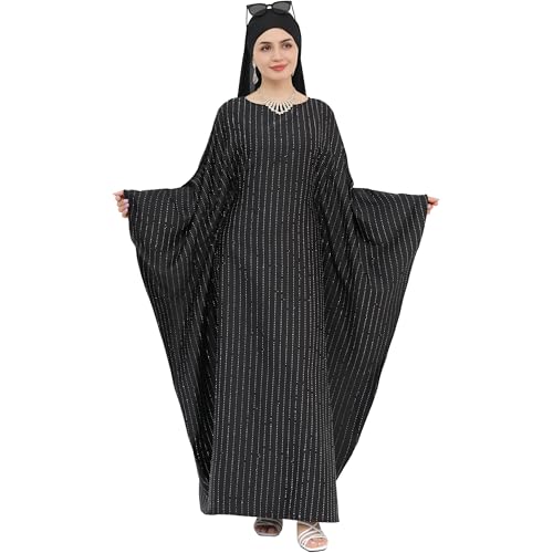 Muslim Abaya Dress 1Piece Bat Sleeve Kaftan Robe Women Islamic Maxi Dress Rhinestone Jilbab Eid Shiny Abaya(No scarf) - color: Black I