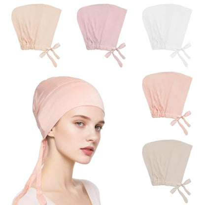 5Pcs Islamic Muslim Under Hijab Cap Inner UnderScarf for women Inner Under Scarf Hat Hijab Cap with Tie Back Closure - color: White\khaki\snowdrop\pink\beige
