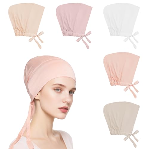5Pcs Islamic Muslim Under Hijab Cap Inner UnderScarf for women Inner Under Scarf Hat Hijab Cap with Tie Back Closure - color: White\khaki\snowdrop\pink\beige