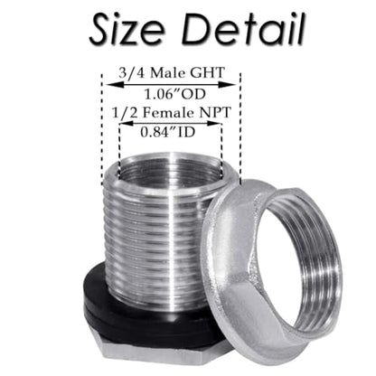 Beduan Stainless Garden Hose Bulkhead Fitting, 3/4 GHT Male to 1/2 Female Bulkhead Water Tank Connector Thru-bulk Fitting for Rain Barrels, Aquariums, Sinks, Irrigation with Caps(Pack of 2) - size: 1/2 NPT to 3/4 GHT