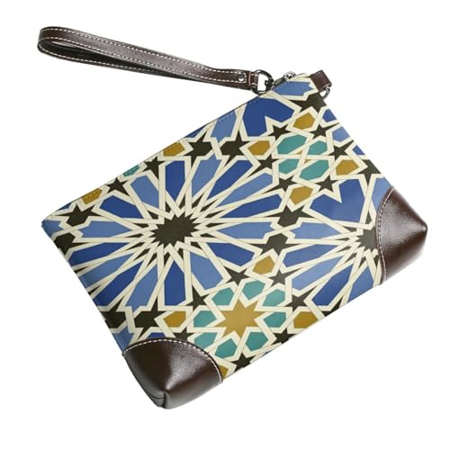 Leather Clutch Purse for Women, Large Capacity Wristlet Wallet with Removable Strap, Zip Handbag - color: Geometric Islamic Art