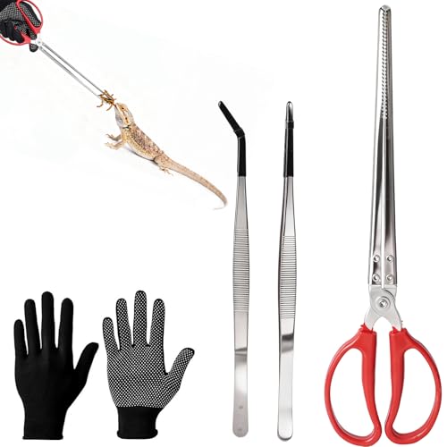 Feeding Tongs, Reptile Feeding Tongs for Snakes, Lizard, 3PCS Stainless Steel Tweezers with Gloves & Black Rubber Tips
