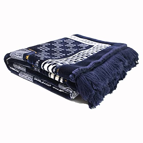 Modefa Turkish Islamic Velvet Prayer Rug - Thick Wide Soft Praying Carpet for Men & Women - Double Plush Large - Eid & Ramadan Gift with Kufi Beads & Car Hanger - Geometric Noor (Dark Blue) - color: Dark Blue