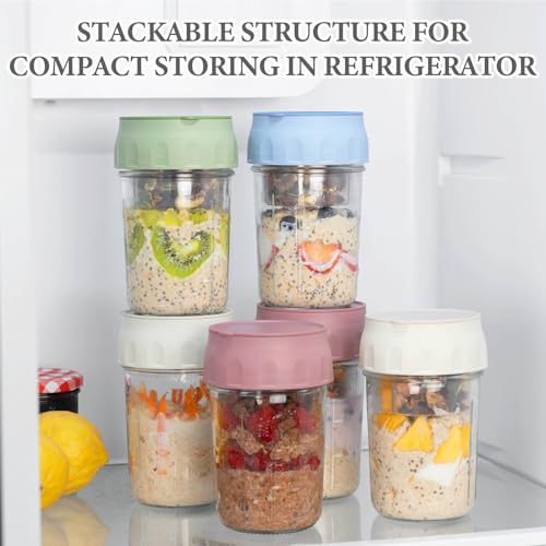 SOLIGT 4 Pack Overnight Oats Containers with Lids, Folding Spoons and Divided Compartments for Fruit & Nuts, Small Glass 16oz Mason Jars for Oatmeal (4 Set-Oat White/Green/Rose/Blue) - color: 4 Set-Oat White/Organic Green/Rose Pink/Sky Blue