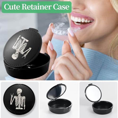 Retainer Case, Denture & Mouth Guard Orthodontic Aligner Case With Mirror & Ventilation, Black Skull - color: Black Skull