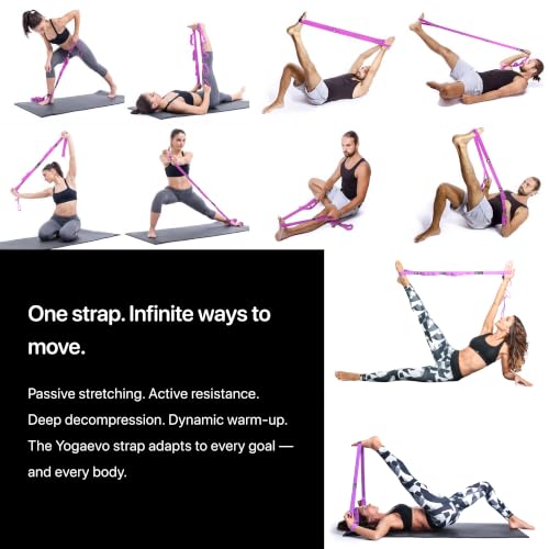 YogaEVO Stretching Strap with Loops for Physical Therapy — Yoga Strap & Resistance Band in One — Flexibility & Back Recovery — HD Video Routines Included - color: Purple