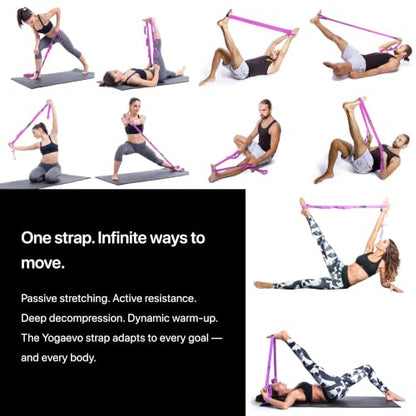 YogaEVO Stretching Strap with Loops for Physical Therapy — Yoga Strap & Resistance Band in One — Flexibility & Back Recovery — HD Video Routines Included - color: Purple