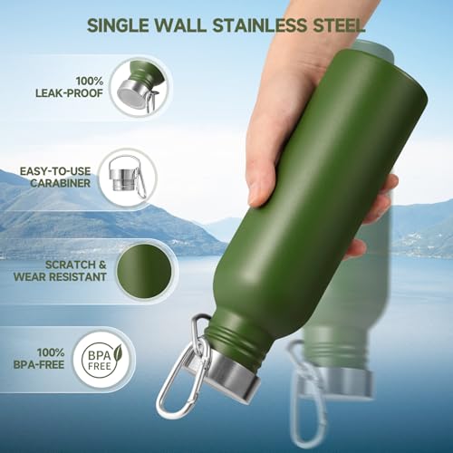 Volhoply 26oz Uninsulated Single Walled Water Bottle, Stainless Steel Reusable Water Bottles with Handle & Carabiner, BPA Free Wide Mouth Water Bottles for Gym Sports Camping（Army Green,1） - color: Army Green