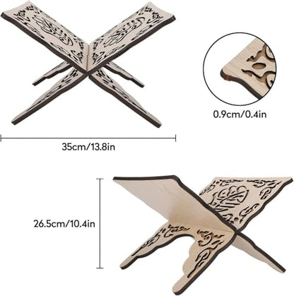 1Pcs Wooden Folding Book Stand with Carved Design | 13.8in/35cm Wide, Collapsible Holder for Quran & Bible, Hands-Free Reading, Home Decor, Portable Bookshelf