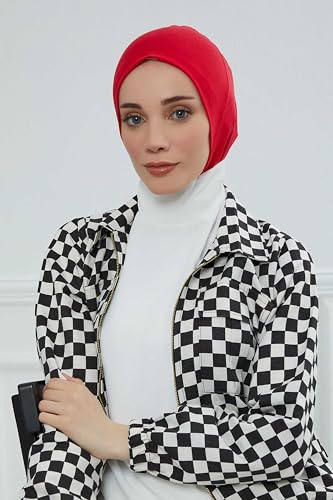 Aisha's Design Instant Turban 95% Cotton Head Scarf Headwear Combed Cotton Ninja Cap, Slip on Jersey Hijab - color: Red