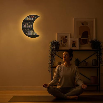 Crescent Moon Shelf with LED Light, Trinket Shelf & Whimsical Celestial Room Decor, Celestial Decor Crystal Holder Witchy Wall Decor for Living Room, Bedroom