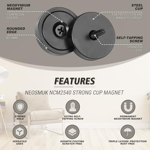 Neosmuk Black Magnets with Screws,60lbs+ Heavy Duty Rare Earth 4 Pack - color: Black, size: 60 lb